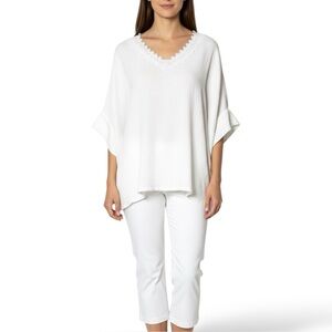 JONES & CO White Slub Textured 100% Cotton Lace Trim Batwing Short Sleeves 3X